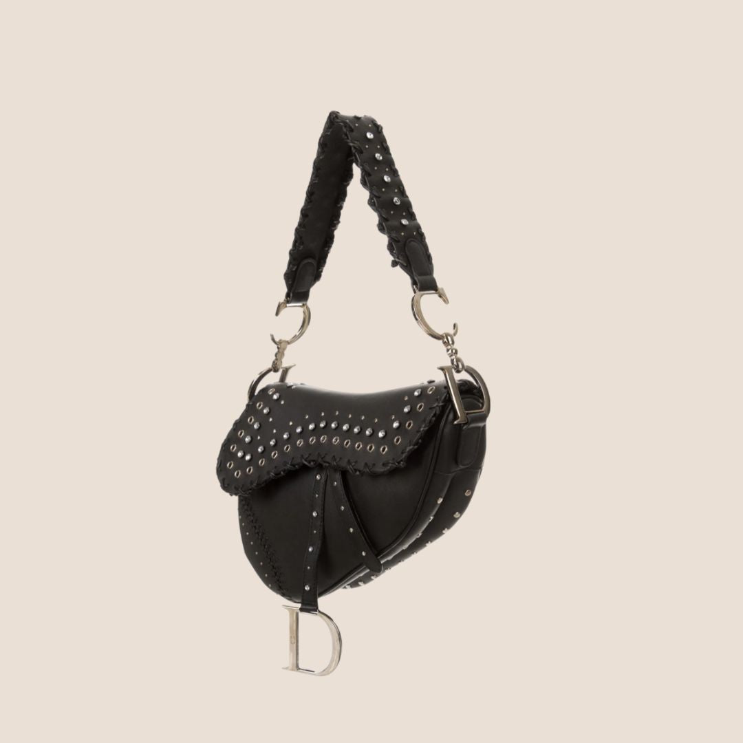 CHRISTIAN D1OR 2004 BLACK SUEDE EMBELLISHED WHIPSTITCH SADDLE BAG