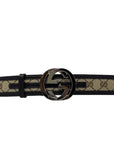 GG Supreme Leather Trimmed Interlocking G Buckle Belt Luxury Designer By GCCI In Brown Monogram Canvas/Leather, Size: Small