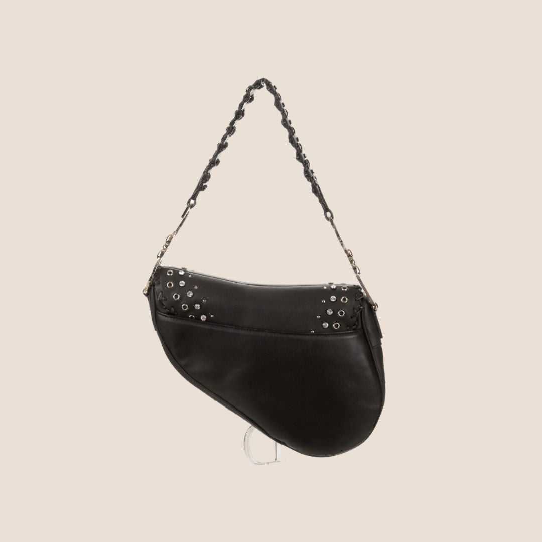 CHRISTIAN D1OR 2004 BLACK SUEDE EMBELLISHED WHIPSTITCH SADDLE BAG