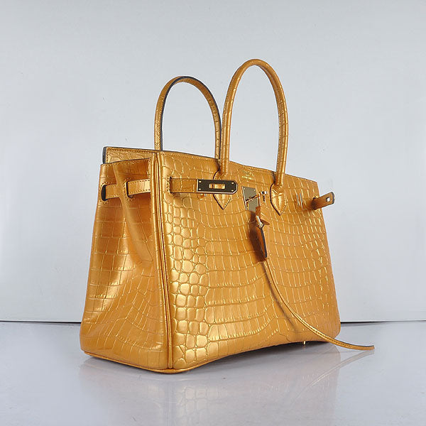 HMS Birkin 35cm 6089 New Golden Crocodile Vein Handbags Gold