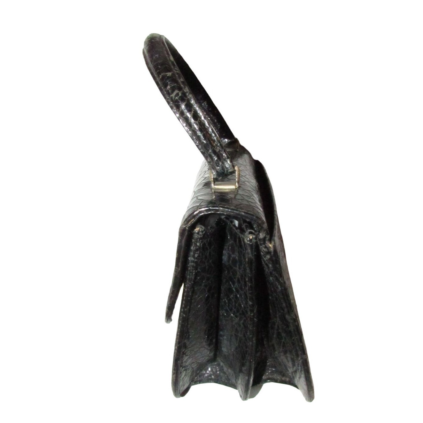 Giorgio GCCI, Bamboo 1947 style, dark navy crocodile leather, top handle purse with sterling hardware, a boxy, structured shape, &amp; an envelope style top