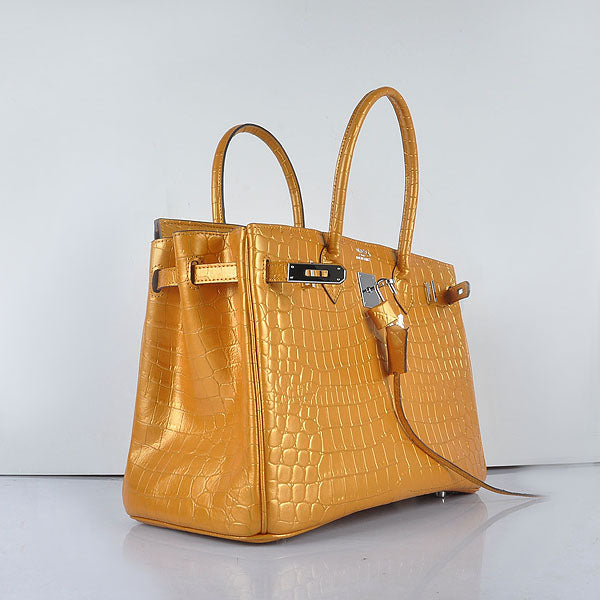 HMS Birkin 35cm 6089 New Golden Crocodile Vein Handbags Silver
