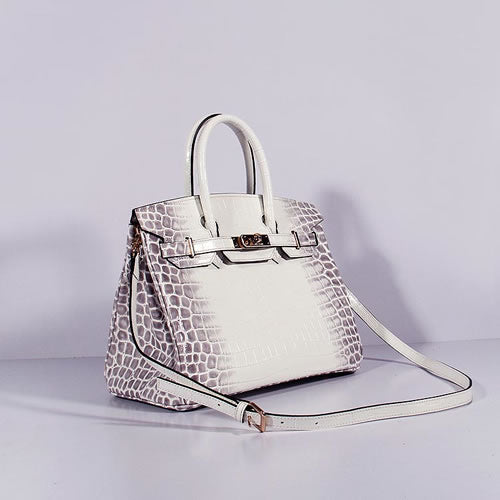 HMS Birkin 30cm Crocodile Leather Bag With Strap Grey White Gold