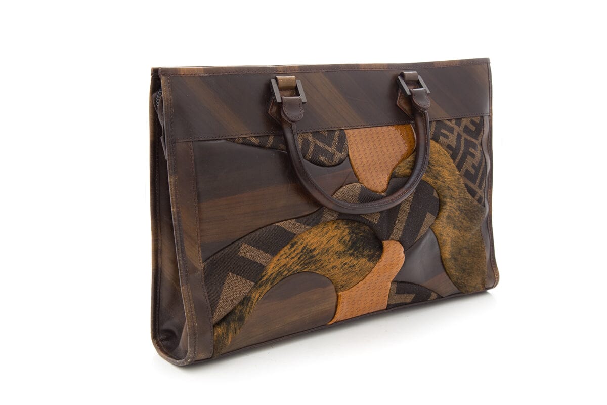 FNDI Brown Zucca Canvas &amp; Leather Patchwork Tote NWT