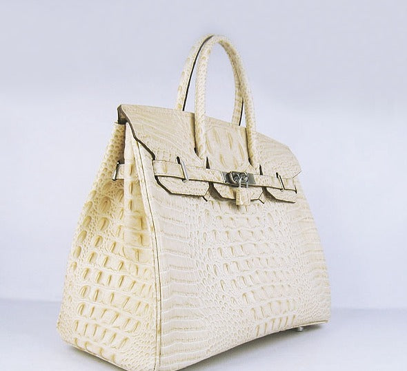 HMS Birkin 35cm Crocodile Head Veins Handbags Beige Silver