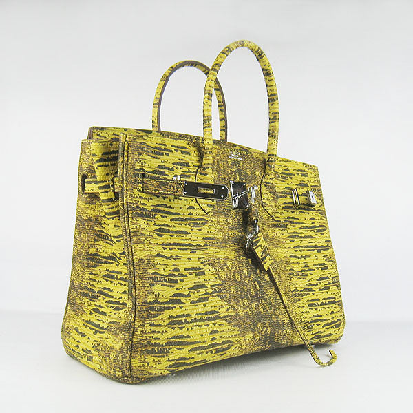 HMS Birkin 30cm Lizard Pattern Handbag 6088 Yellow/Silver