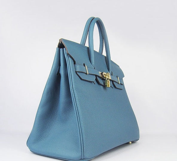 HMS Birkin 35cm Cattle Skin Vein Handbags Blue Golden