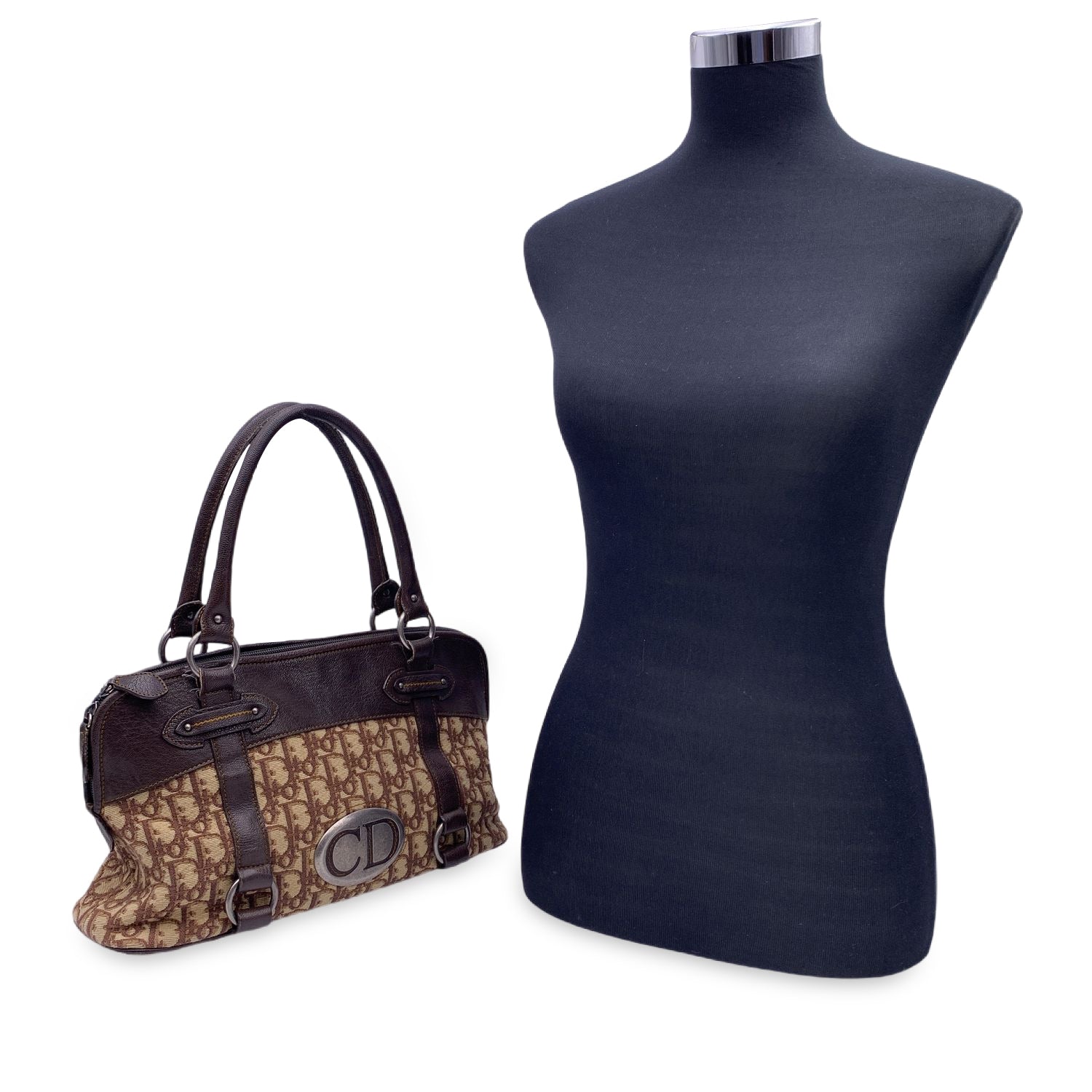 CHRISTIAN D1OR Brown Logo Oblique Canvas Satchel Shoulder Bag