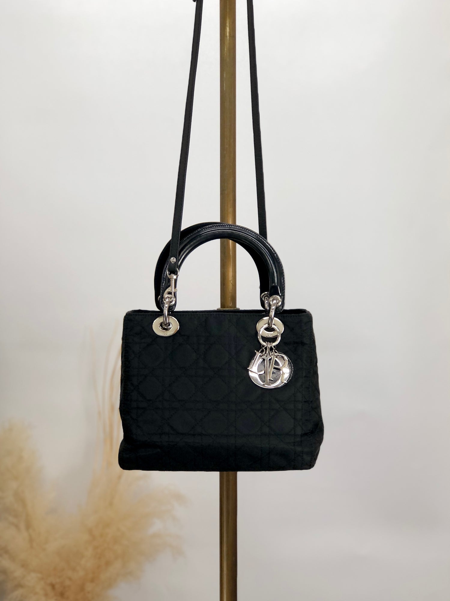 Christian D1OR Cannage Logo Charm Two-way Handbag Shoulder bag Black Vintage bgdau3