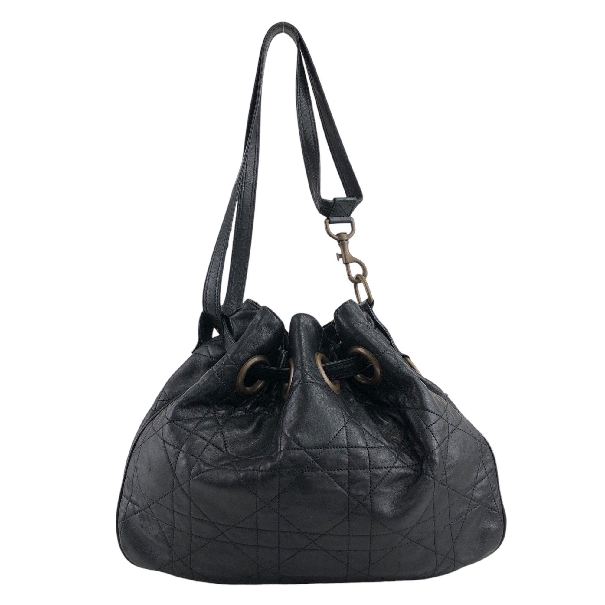 Christian D1OR Cannage Logo Motif Drawstring Shoulder bag Black Vintage ryhx6x