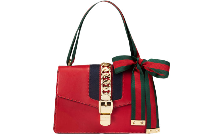 (WMNS) GCCI Sylvie Gold buckle Stripe Webbing Bow Wide Version Leather handbag Small Red 421882-CVLEG-8604