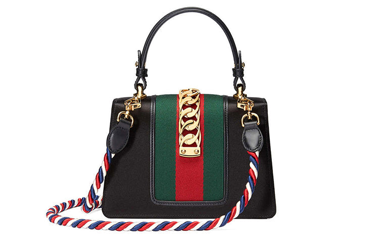 (WMNS) GCCI Sylvie Gold Buckle Stripe Webbing Mini Black Handbag 470270-9AAQG-8720