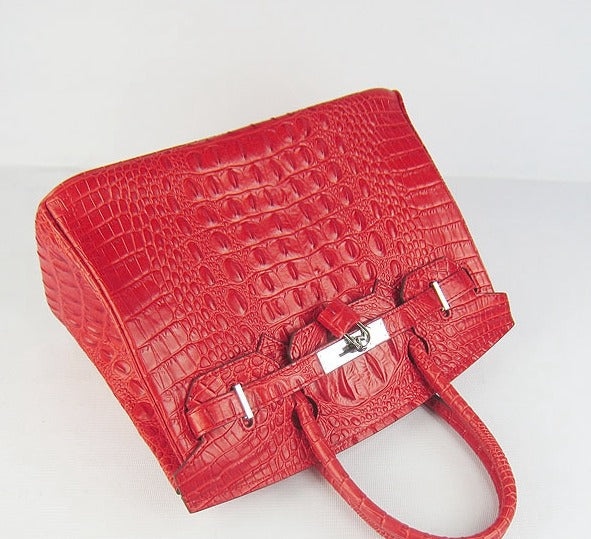 HMS Birkin 30cm Crocodile Head Vein Handbags Red Silver