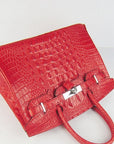HMS Birkin 30cm Crocodile Head Vein Handbags Red Silver