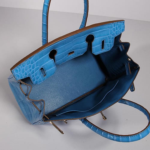 HMS Birkin 30cm Crocodile Leather Bag With Strap Blue Gold