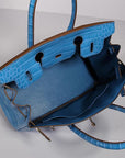 HMS Birkin 30cm Crocodile Leather Bag With Strap Blue Gold