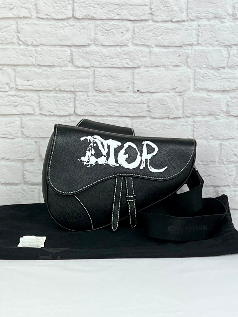 Christian D1OR  X PETER DOIG Grained Calfskin Saddle Bag Black