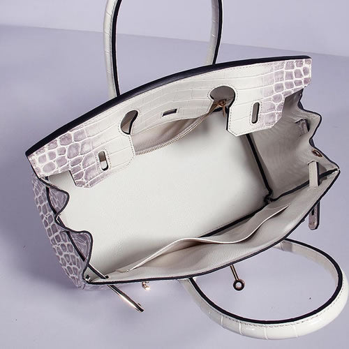 HMS Birkin 30cm Crocodile Leather Bag With Strap Grey White Gold