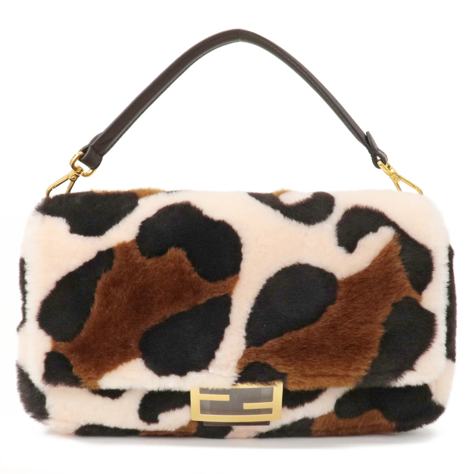 FNDI Fur Leather Baguette Large 2WAY Bag Animal Pattern 8BR771