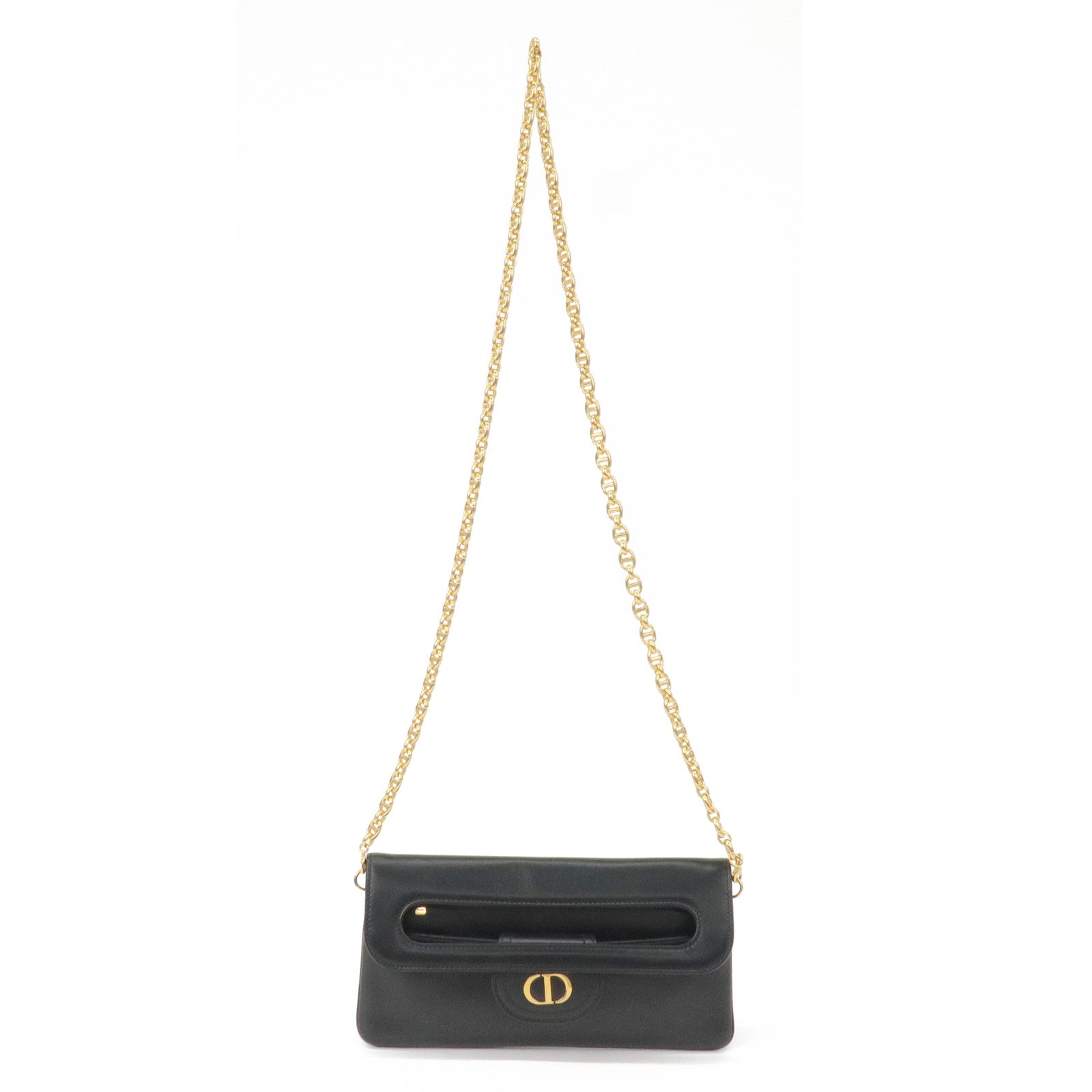 Christian D1OR Caro Leather 2Way Chain Shoulder Clutch Bag Black