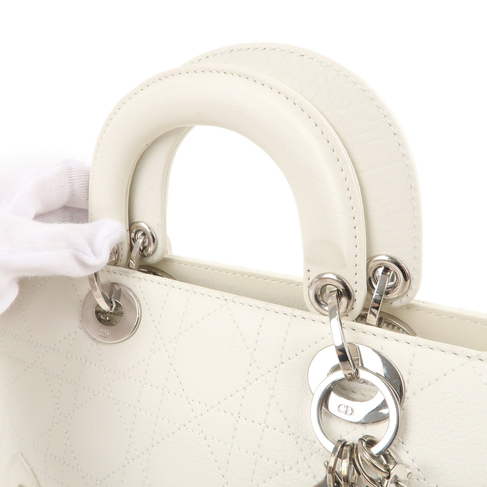 Christian D1OR Cannage Leather Hand Bag Small Bag White