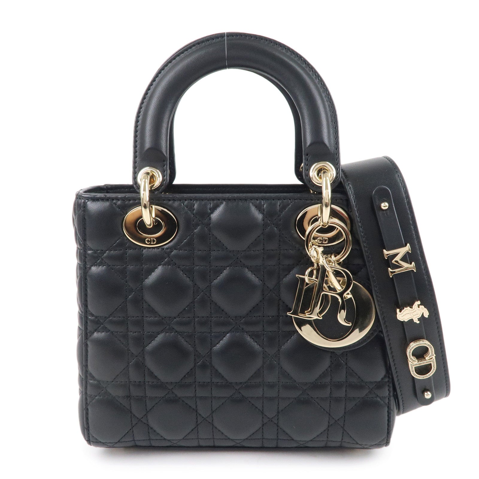 Christian D1OR Cannage Lady D1OR Leather 2way Hand Bag Black