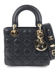 Christian D1OR Cannage Lady D1OR Leather 2way Hand Bag Black