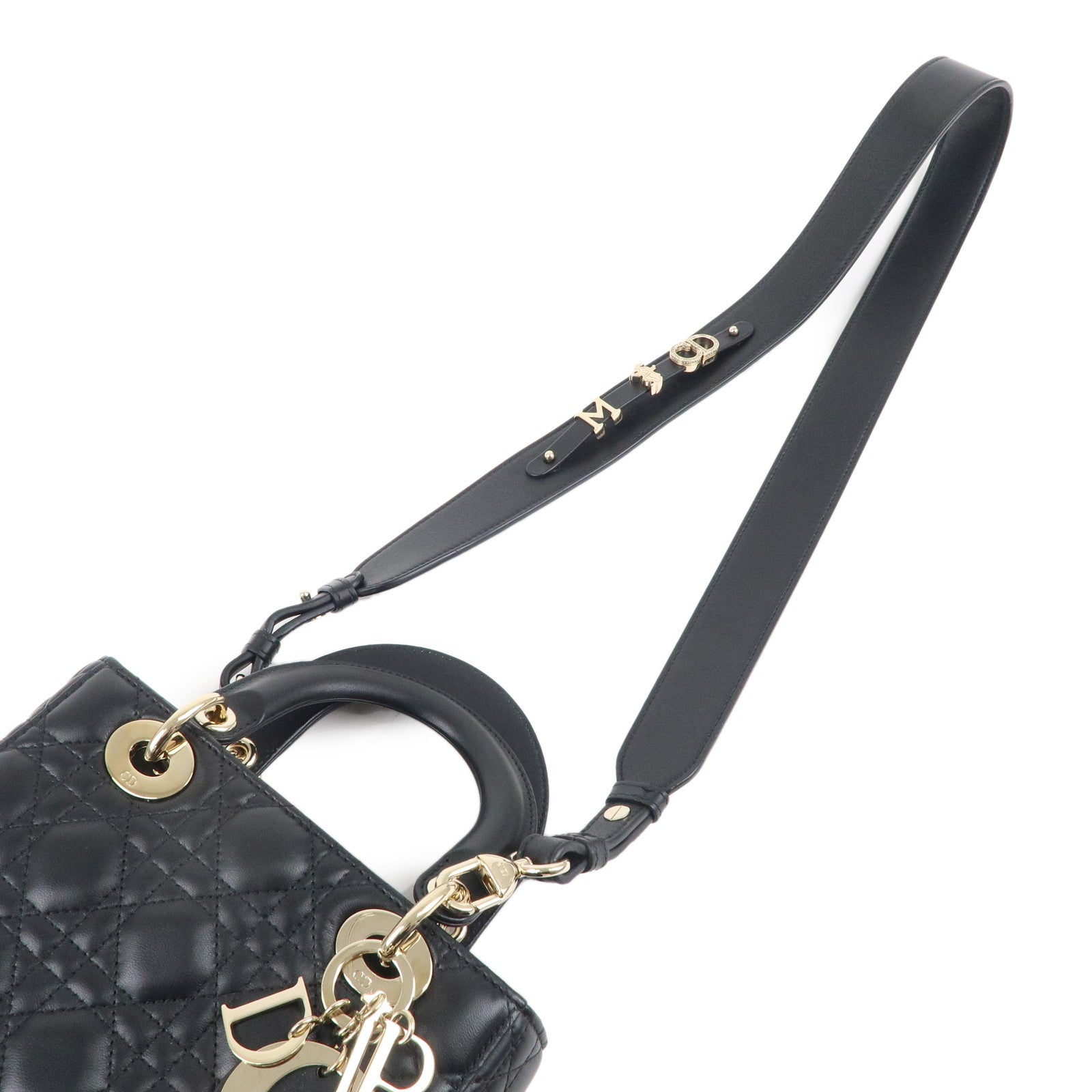 Christian D1OR Cannage Lady D1OR Leather 2way Hand Bag Black