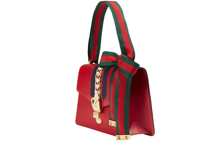 (WMNS) GCCI Sylvie Gold buckle Stripe Webbing Bow Wide Version Leather handbag Small Red 421882-CVLEG-8604