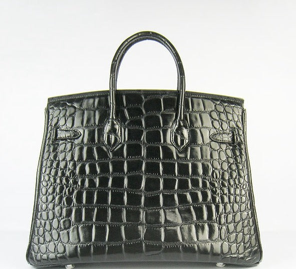 HMS Birkin 35cm Crocodile Big Veins Handbags Black Silver
