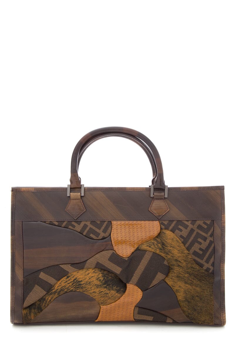 FNDI Brown Zucca Canvas &amp; Leather Patchwork Tote NWT