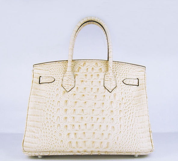 HMS Birkin 30cm Crocodile Head Vein Handbags Beige Silver