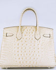 HMS Birkin 30cm Crocodile Head Vein Handbags Beige Silver