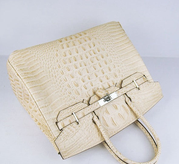 HMS Birkin 35cm Crocodile Head Veins Handbags Beige Silver