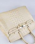 HMS Birkin 35cm Crocodile Head Veins Handbags Beige Silver