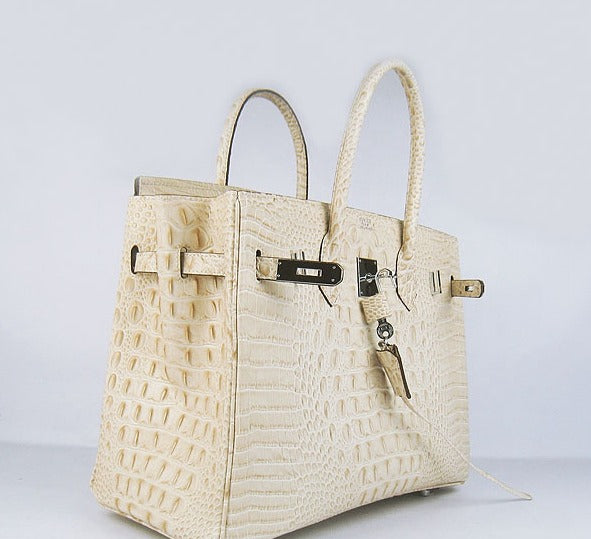 HMS Birkin 35cm Crocodile Head Veins Handbags Beige Silver