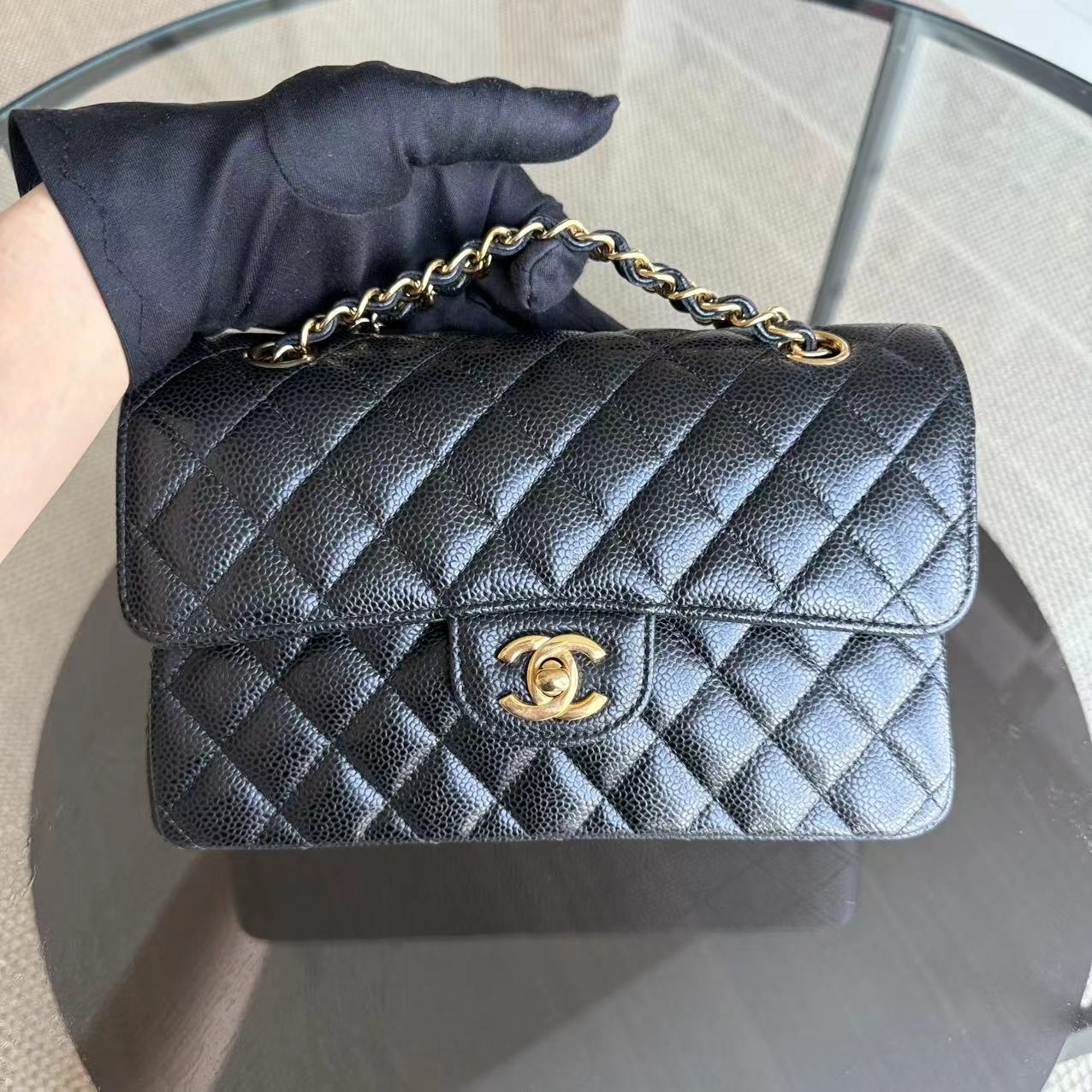 *Microchip, Full Set Receipt* CH Small Caviar Classic Flap Quilted Black Golden Hardware