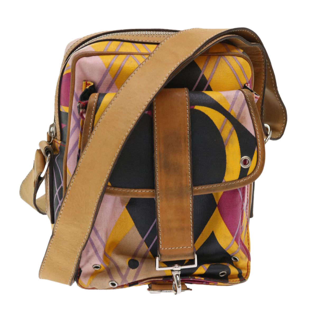 CHRISTIAN D1OR Argyle Check Shoulder Bag Nylon Yellow Pink 05-MA-0064 Auth 47588
