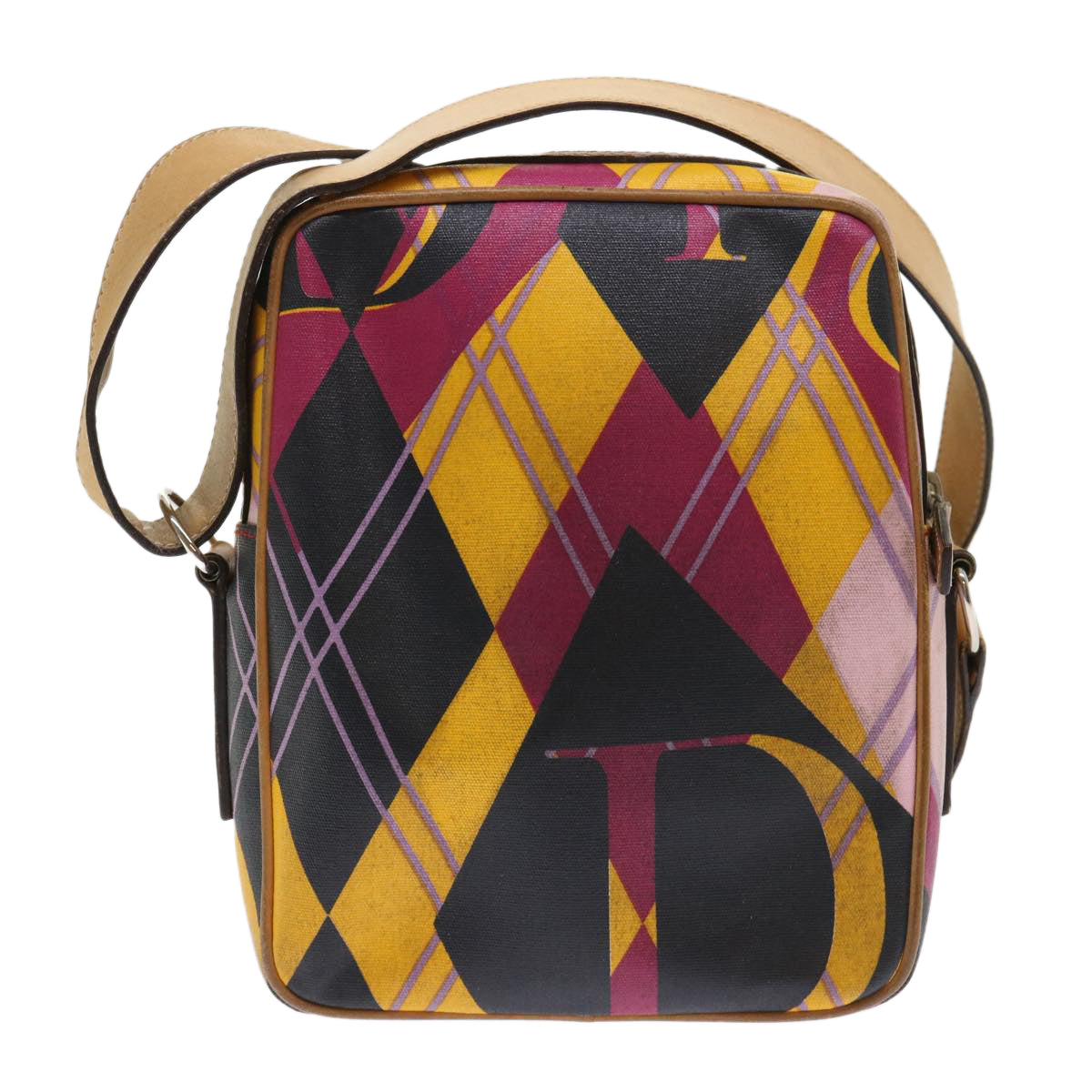 CHRISTIAN D1OR Argyle Check Shoulder Bag Nylon Yellow Pink 05-MA-0064 Auth 47588