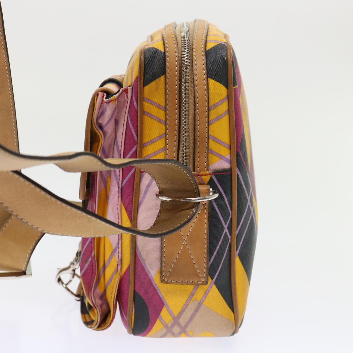 CHRISTIAN D1OR Argyle Check Shoulder Bag Nylon Yellow Pink 05-MA-0064 Auth 47588