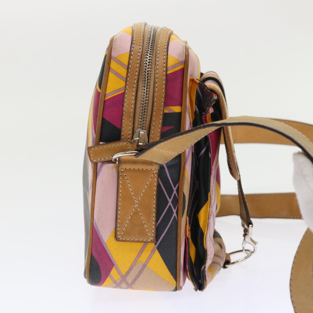 CHRISTIAN D1OR Argyle Check Shoulder Bag Nylon Yellow Pink 05-MA-0064 Auth 47588