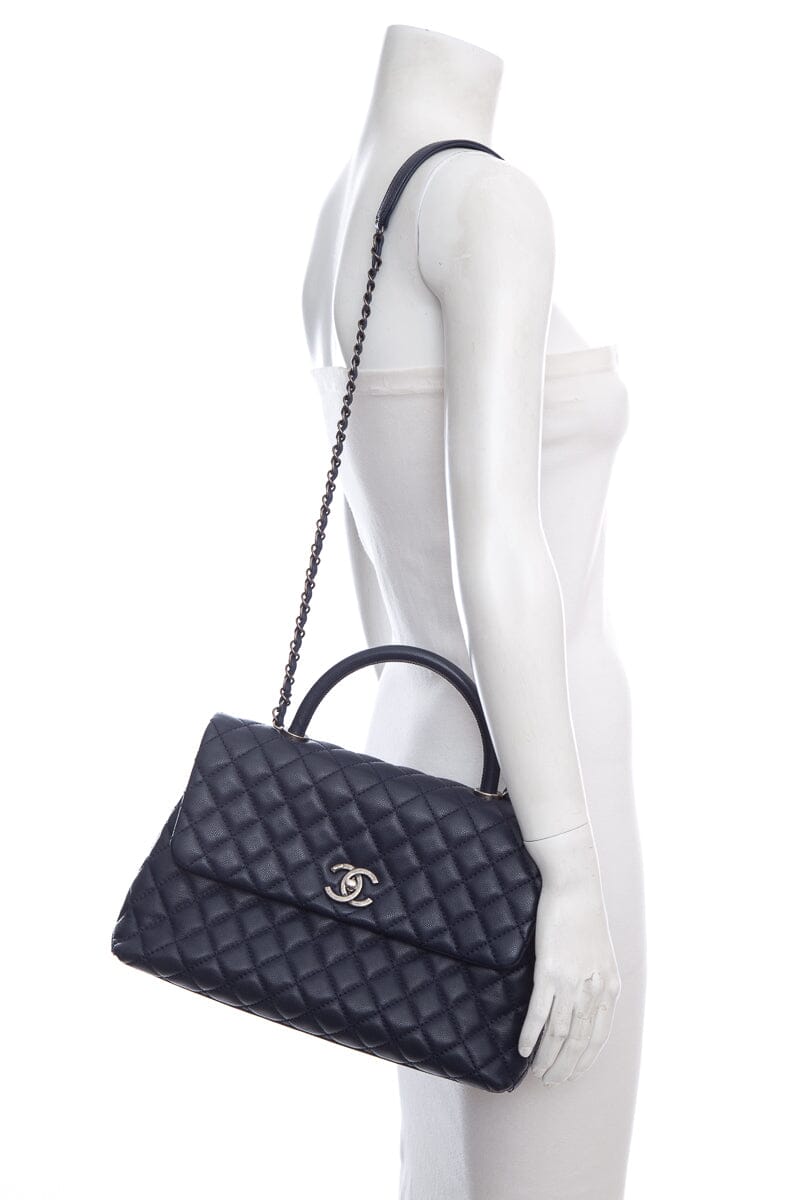 2016 CH Coco Top-Handle Navy Quilted Caviar Leather Handbag