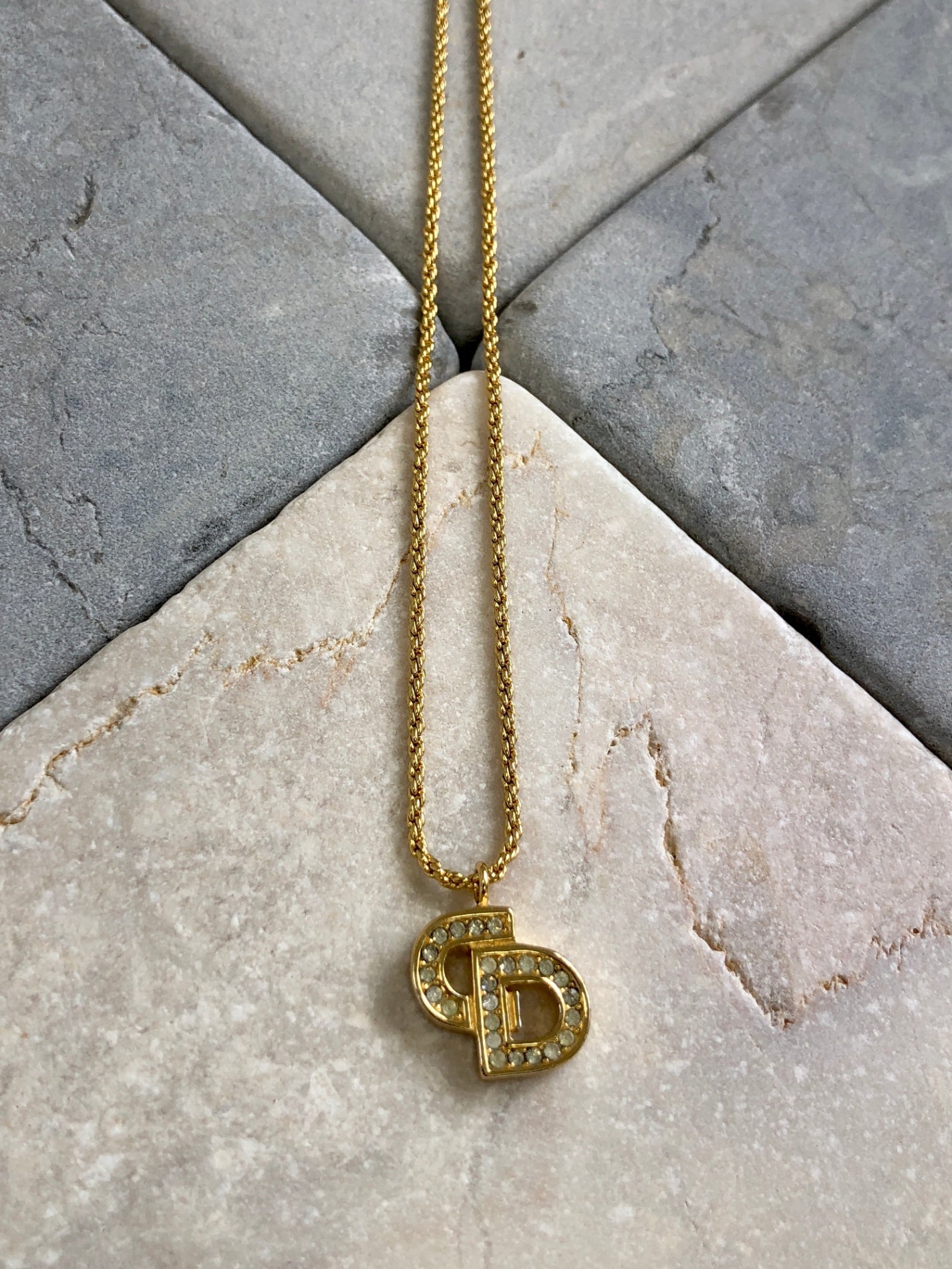 Christian D1OR CD Logo Rhinestone Necklace Gold Vintage hk42f6
