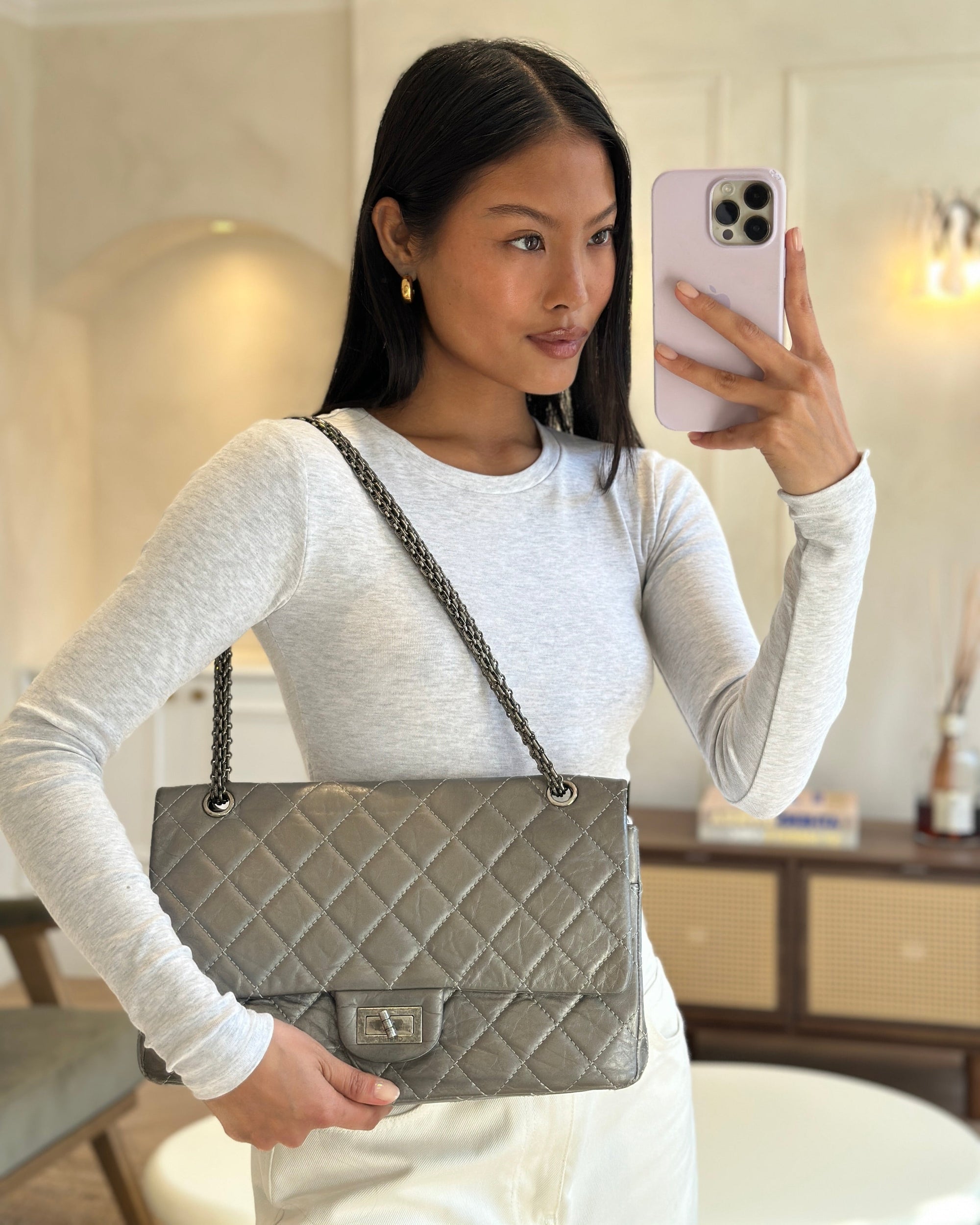 *FIRE PRICE* CH 2.55 Jumbo Reissue Bag in Metallic Grey Crumpled Calfskin Leather With Gunmetal Hardware