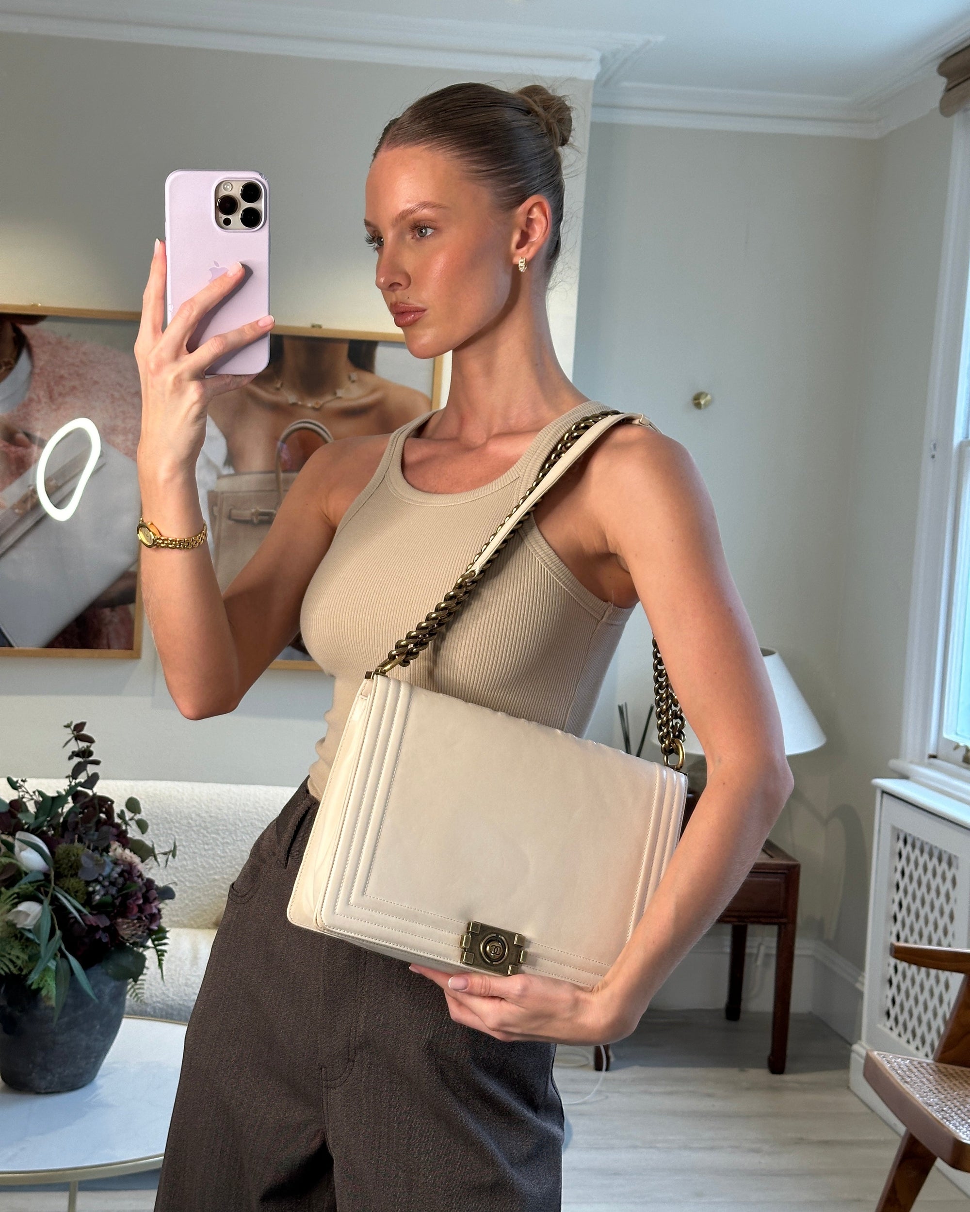 *FIRE PRICE* CH Ivory Large Boy Bag in Lambskin Leather with Antique Gold Hardware