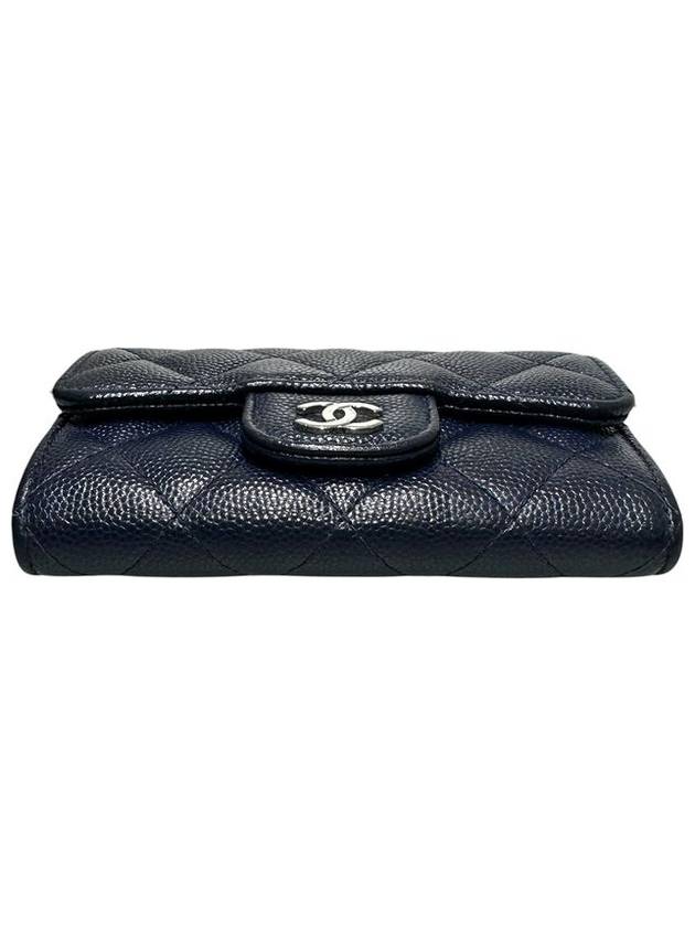 A80799 Navy caviar skin silver snap card holder business wallet CH