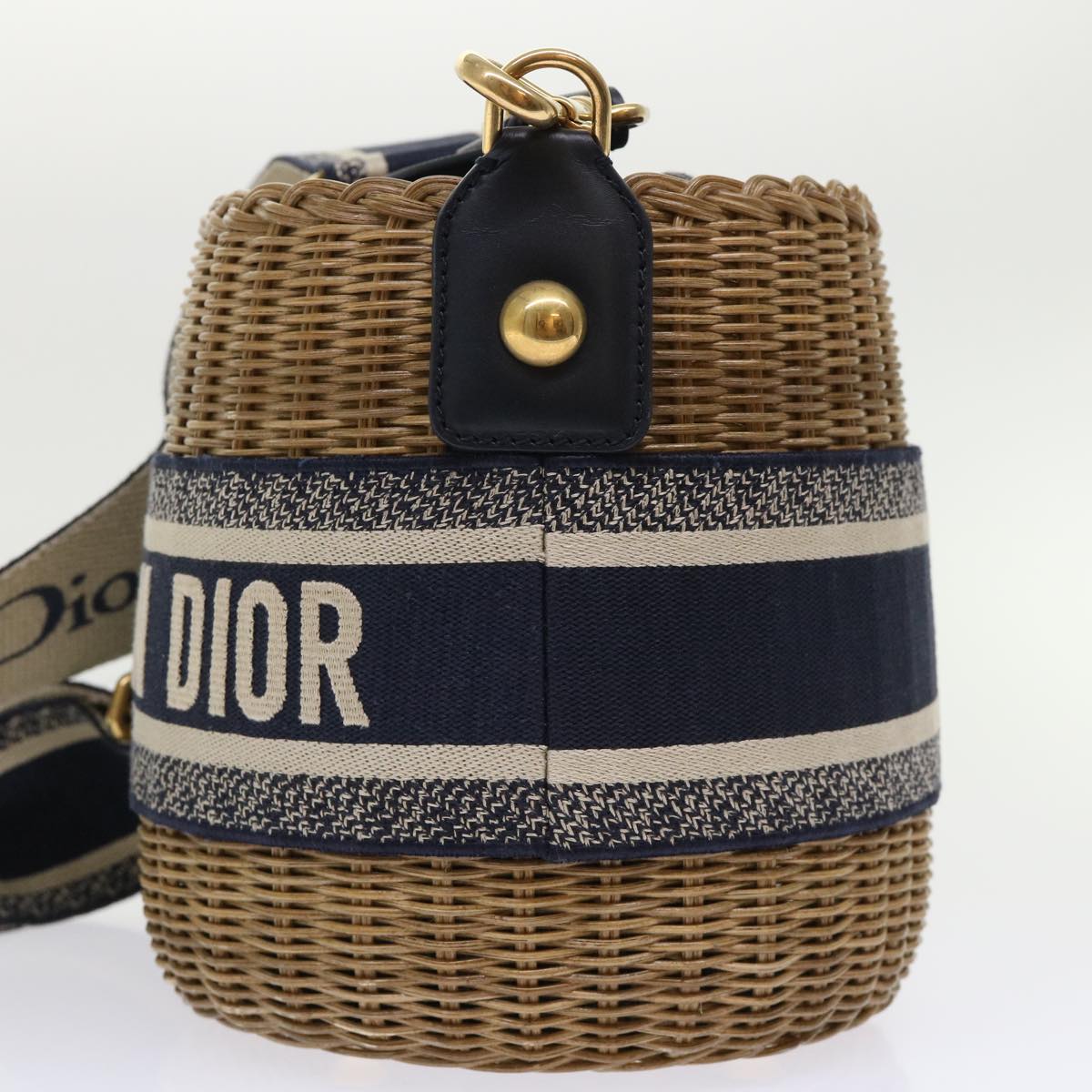CHRISTIAN D1OR Basket Bag Trotter Canvas Shoulder Bag Rattan Blue Auth 51270A