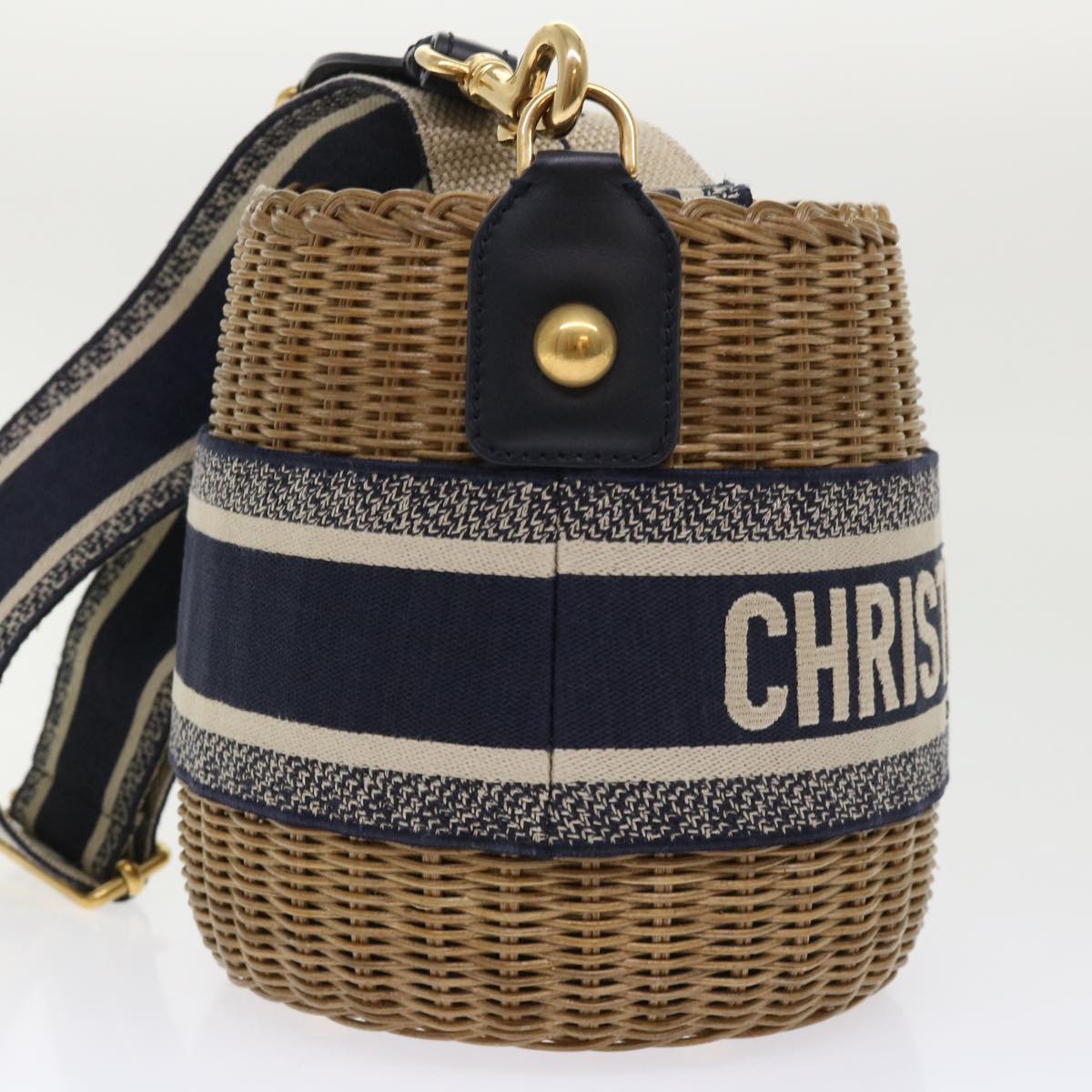 CHRISTIAN D1OR Basket Bag Trotter Canvas Shoulder Bag Rattan Blue Auth 51270A