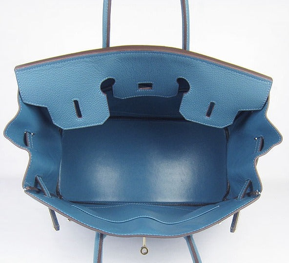 HMS Birkin 35cm Cattle Skin Vein Handbags Blue Golden