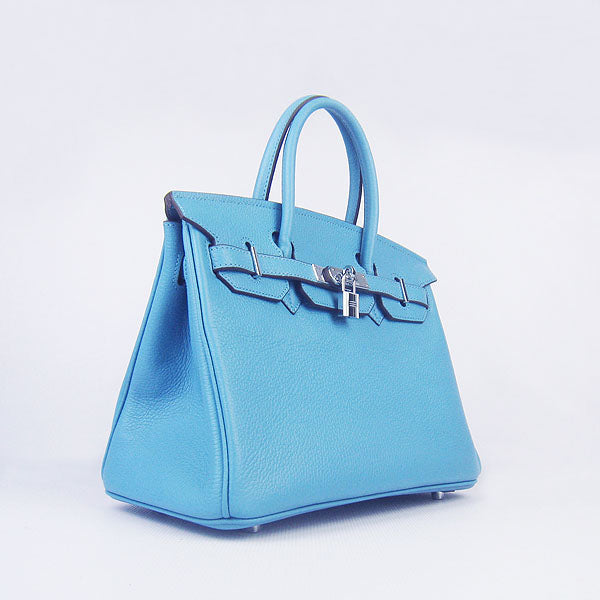 HMS Birkin 30cm Togo Leather Handbags Light Blue Silver